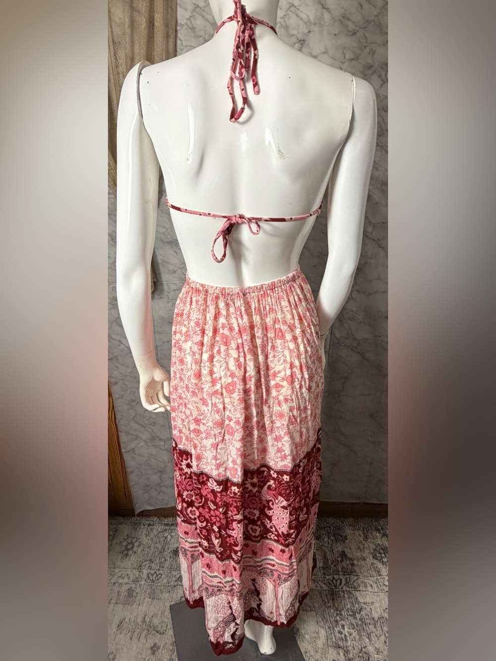 Cutout Peacock Halter Tie Neck Back Peachy Pink Burgundy Boho Vacation Dress S - Picture 7 of 13